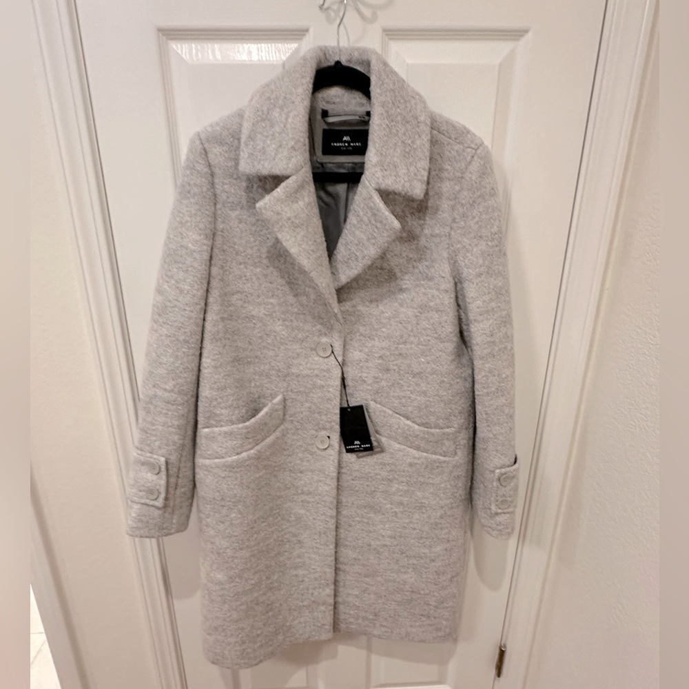 ANDREW MARC Regine Pressed Bouclé Wool Coat M Grey